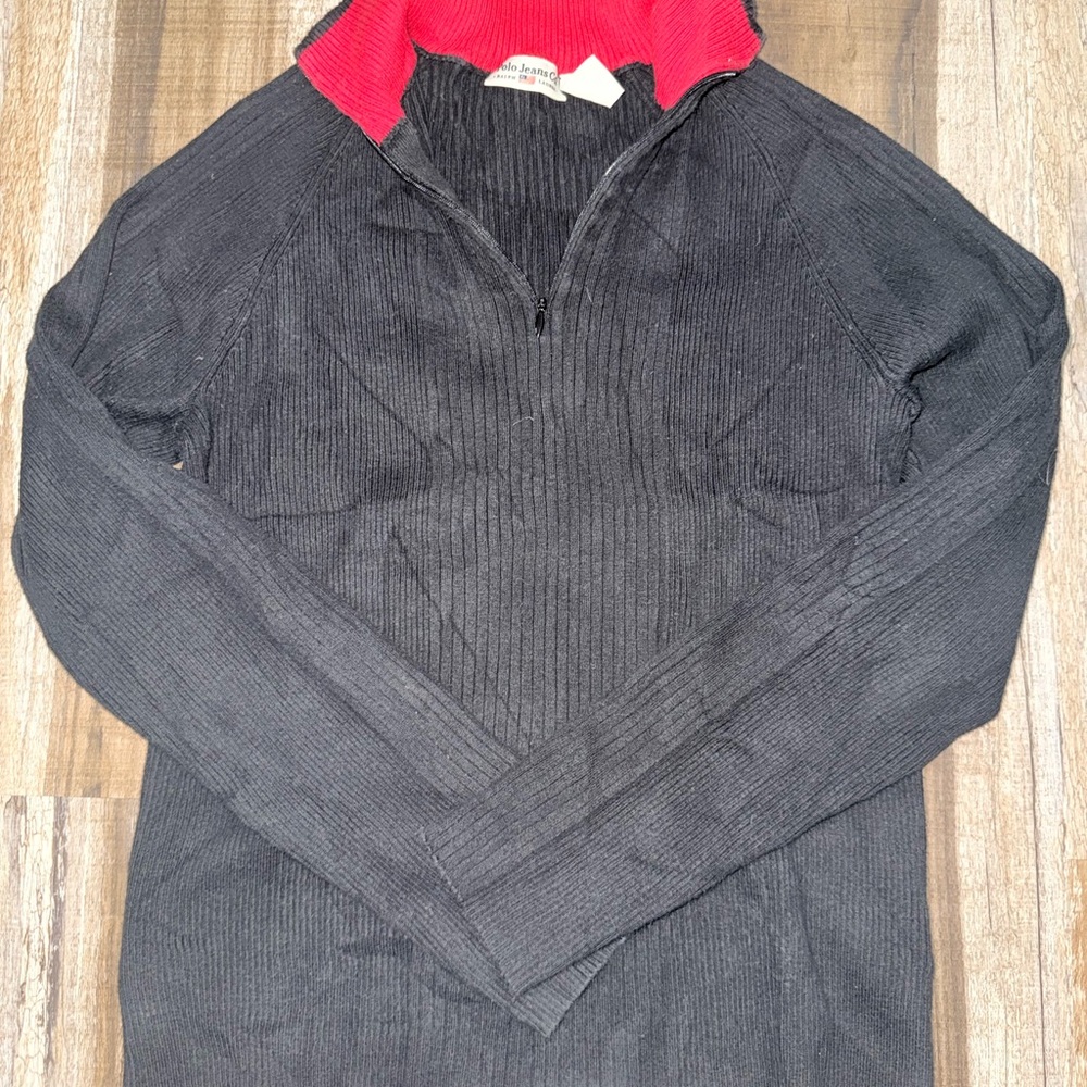 Ralph Lauren Black Zip-Up Sweater with Red Collar